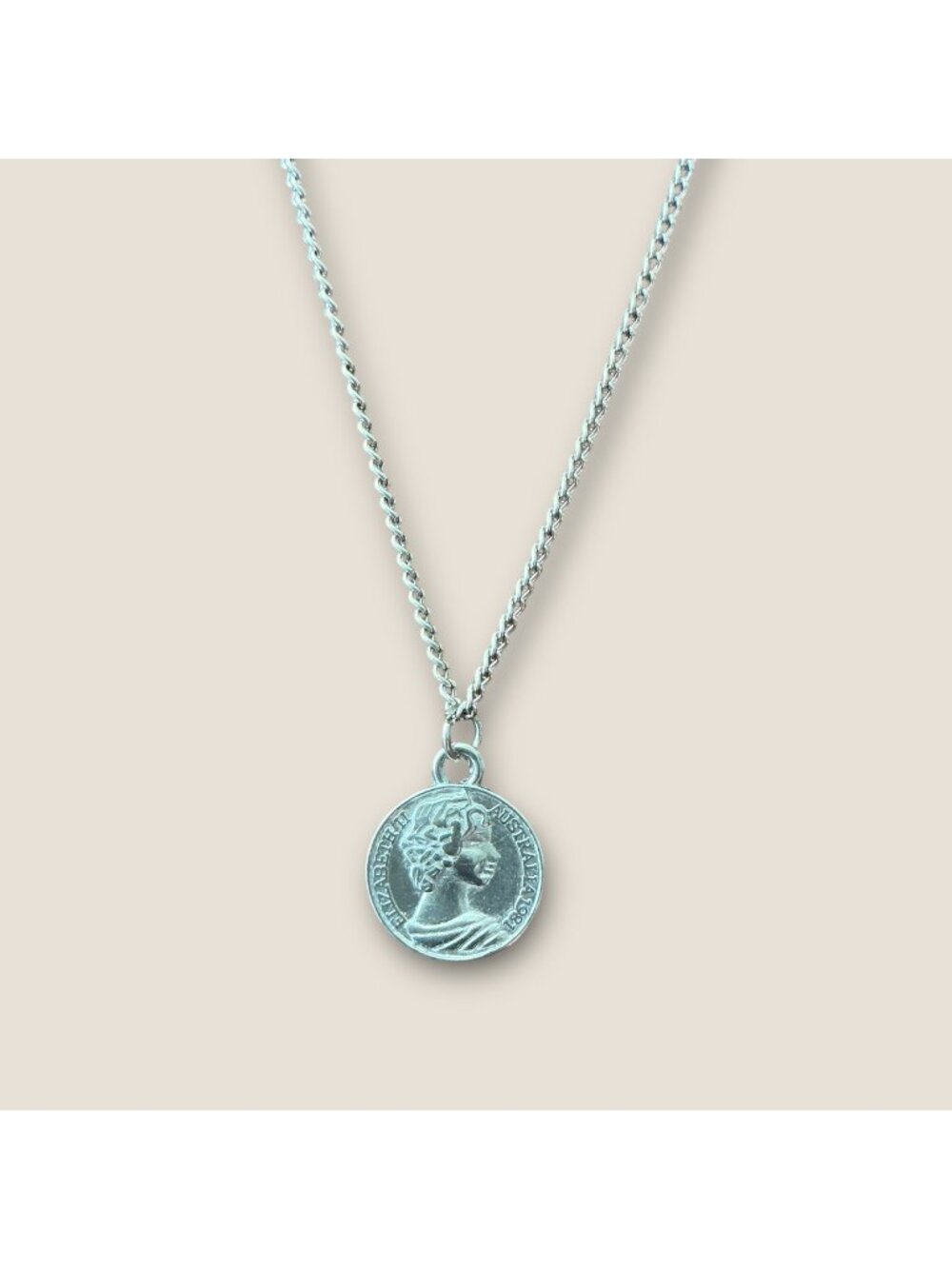Silver Tone Vintage Queen Elizabeth Coin Necklace 20-22 Inches Adjustable Length